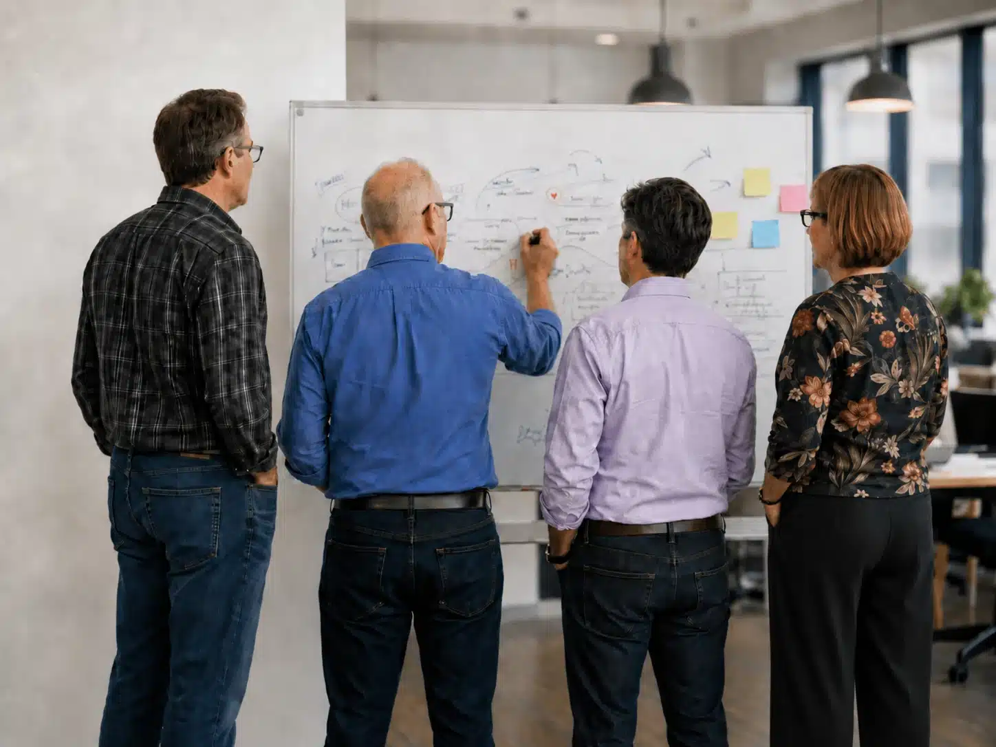 Team collaborating around a whiteboard on market intelligence strategy